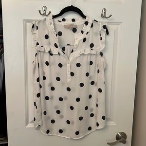LOFT White Henley Ruffle Navy Polka Dot Blouse (M)